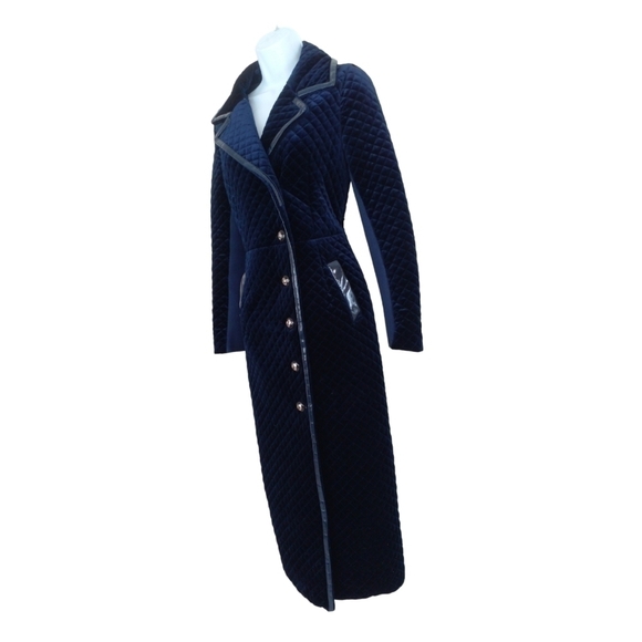 Vintage Women's Velvet Quilted Trench Coat Midnight Blue S/M - Picture 6 of 8